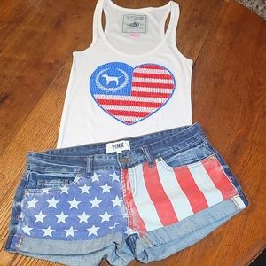 VS PINK American Flag Denim Shorts And Tank Top